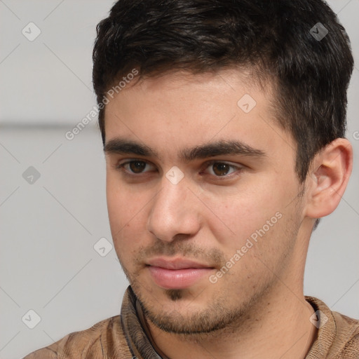 Neutral white young-adult male with short  brown hair and brown eyes