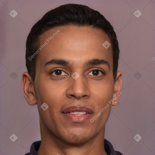 Joyful white young-adult male with short  black hair and brown eyes