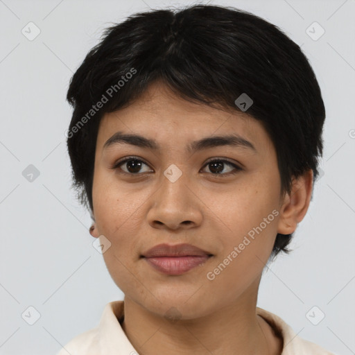 Joyful asian young-adult female with medium  black hair and brown eyes