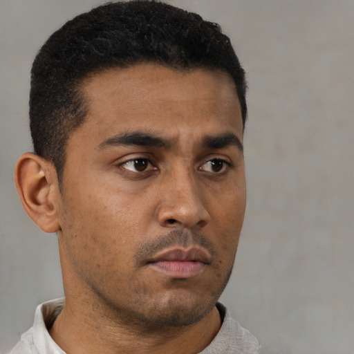 Neutral latino young-adult male with short  black hair and brown eyes