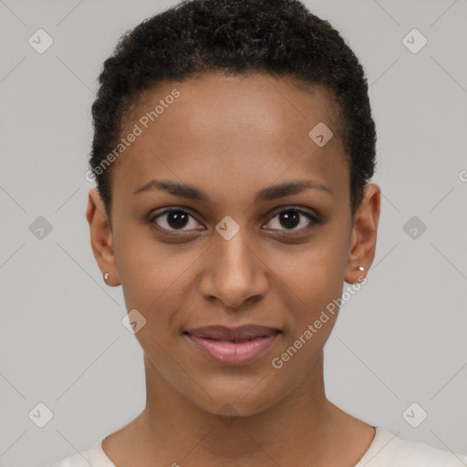 Joyful black young-adult female with short  brown hair and brown eyes