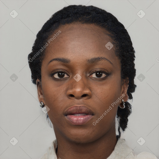 Neutral black young-adult female with short  black hair and brown eyes