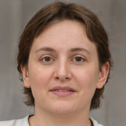 Joyful white adult female with medium  brown hair and grey eyes