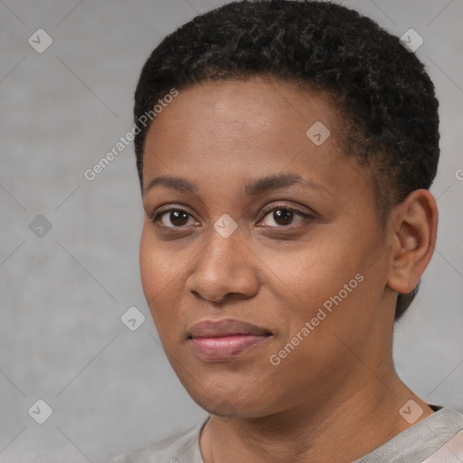 Joyful black young-adult female with short  black hair and brown eyes