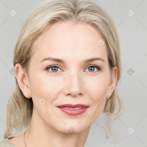 Joyful white young-adult female with medium  brown hair and blue eyes