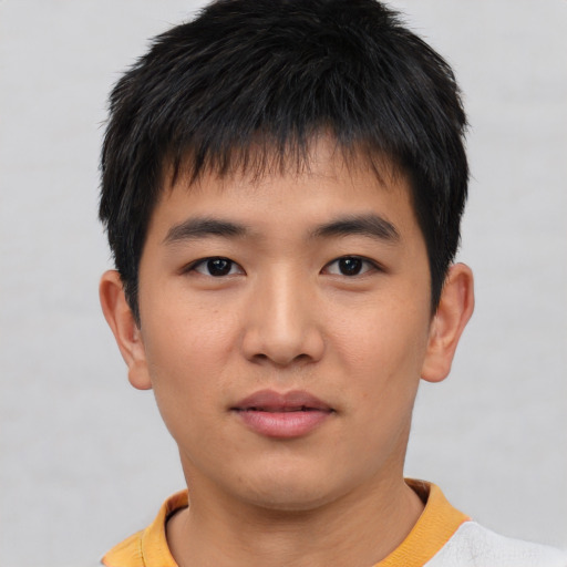 Neutral asian young-adult male with short  black hair and brown eyes