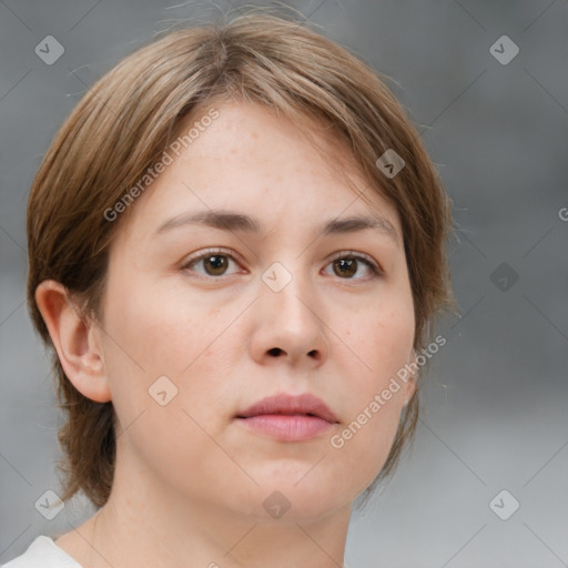 Neutral white young-adult female with medium  brown hair and brown eyes