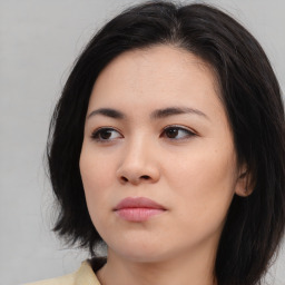 Neutral asian young-adult female with long  black hair and brown eyes