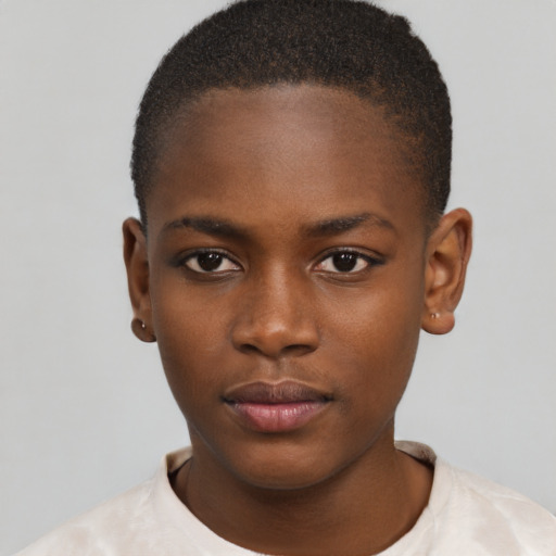Neutral black young-adult female with short  black hair and brown eyes