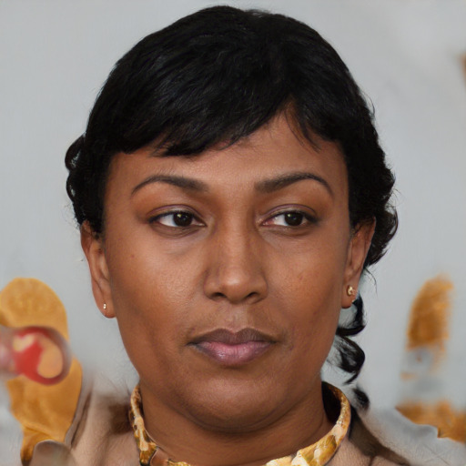 Neutral asian young-adult female with short  brown hair and brown eyes