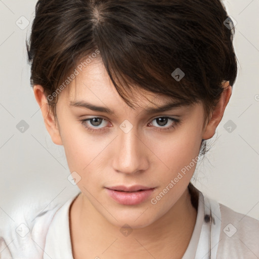 Neutral white young-adult female with medium  brown hair and brown eyes