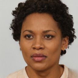 Joyful black adult female with short  brown hair and brown eyes