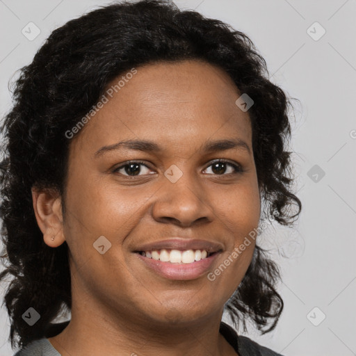 Joyful black young-adult female with medium  brown hair and brown eyes