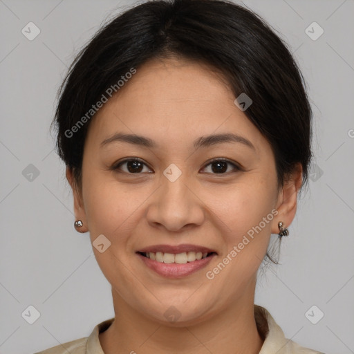 Joyful white young-adult female with medium  brown hair and brown eyes