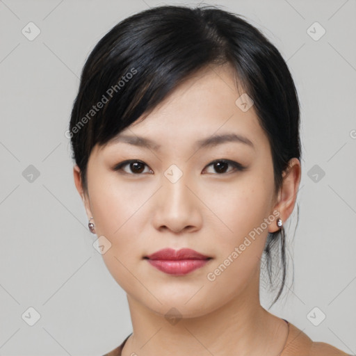 Neutral asian young-adult female with medium  black hair and brown eyes