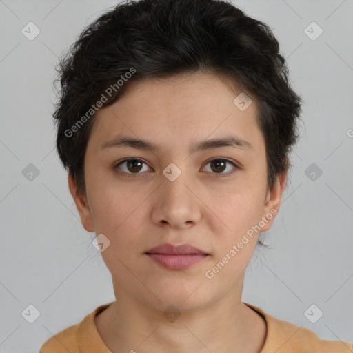 Neutral white young-adult female with short  brown hair and brown eyes