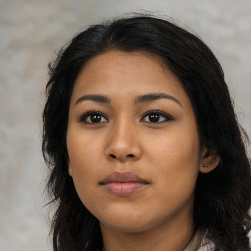 Neutral asian young-adult female with long  black hair and brown eyes