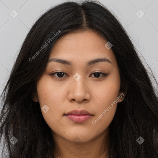 Joyful asian young-adult female with long  brown hair and brown eyes