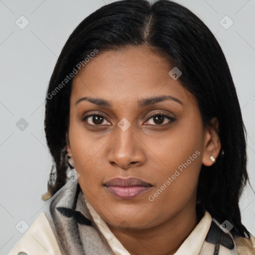 Joyful black young-adult female with medium  brown hair and brown eyes
