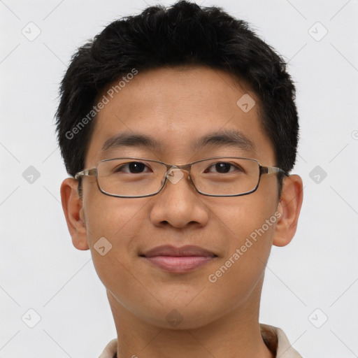 Joyful asian young-adult male with short  brown hair and brown eyes