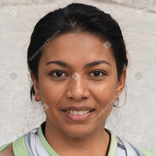 Joyful latino young-adult female with short  brown hair and brown eyes