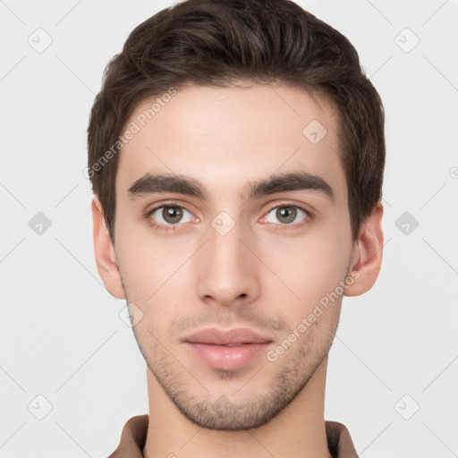 Neutral white young-adult male with short  brown hair and brown eyes