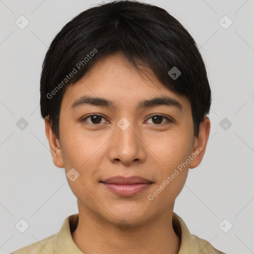 Joyful latino young-adult female with short  brown hair and brown eyes