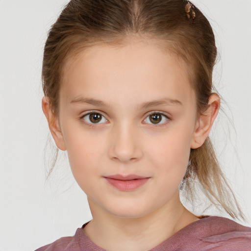 Joyful white child female with medium  brown hair and brown eyes