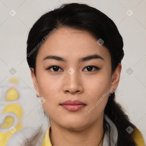 Neutral asian young-adult female with short  black hair and brown eyes