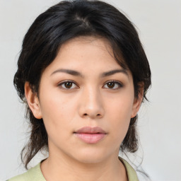 Neutral asian young-adult female with medium  brown hair and brown eyes