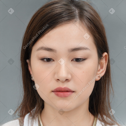 Neutral white young-adult female with medium  brown hair and brown eyes