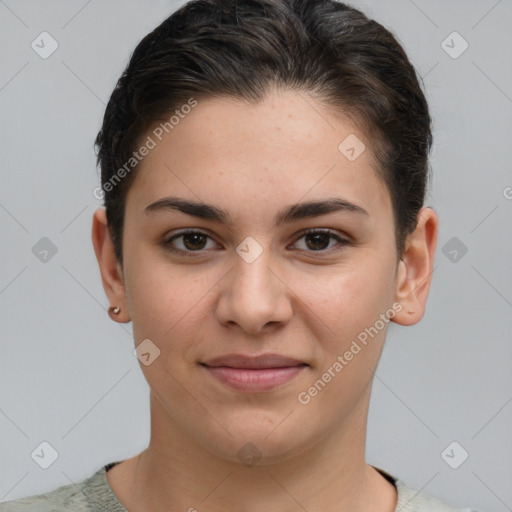 Joyful white young-adult female with short  brown hair and brown eyes