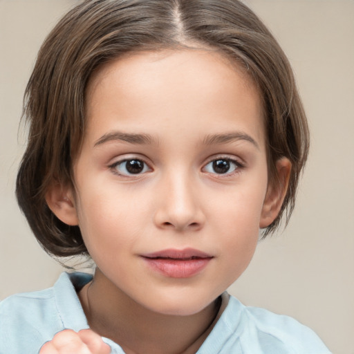 Joyful white child female with medium  brown hair and brown eyes