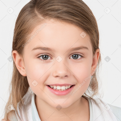 Joyful white child female with medium  brown hair and grey eyes