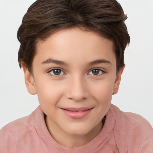 Joyful white child female with short  brown hair and brown eyes