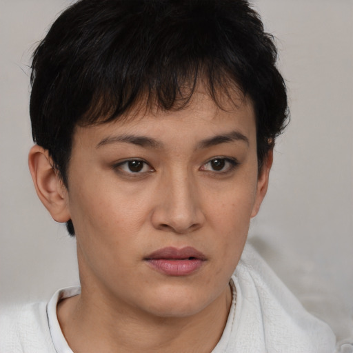 Neutral asian young-adult female with short  brown hair and brown eyes