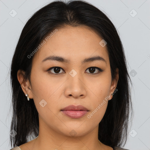 Neutral asian young-adult female with medium  brown hair and brown eyes