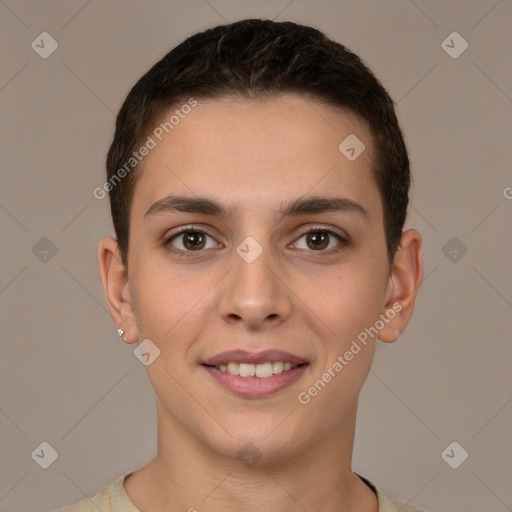 Joyful white young-adult female with short  brown hair and brown eyes