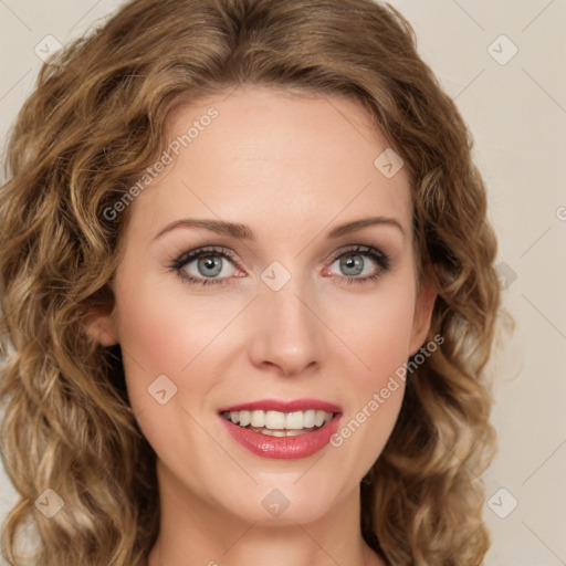 Joyful white young-adult female with long  brown hair and green eyes