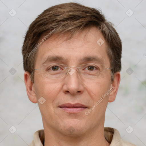 Joyful white adult male with short  brown hair and grey eyes