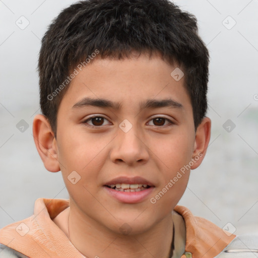 Joyful white child male with short  brown hair and brown eyes