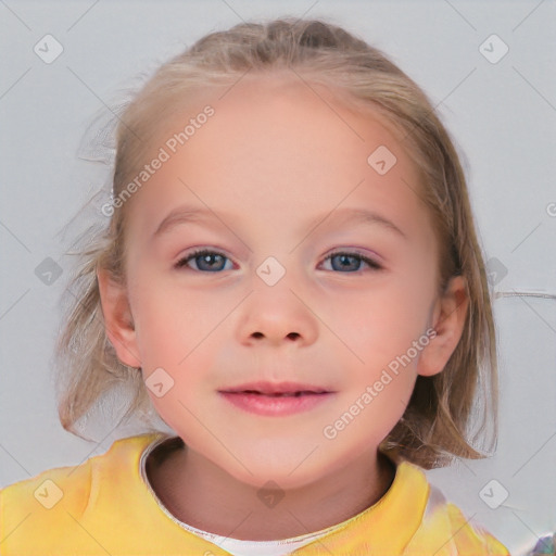 Joyful white child female with medium  brown hair and brown eyes