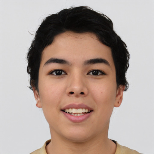 Joyful asian young-adult female with short  black hair and brown eyes