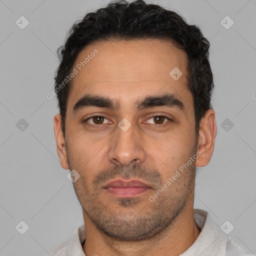 Neutral latino young-adult male with short  black hair and brown eyes
