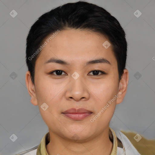 Joyful asian young-adult female with short  brown hair and brown eyes