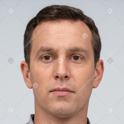 Neutral white adult male with short  brown hair and brown eyes