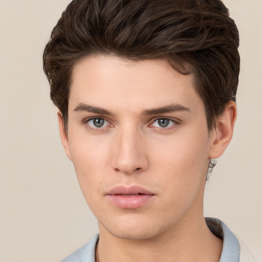 Neutral white young-adult male with short  brown hair and brown eyes