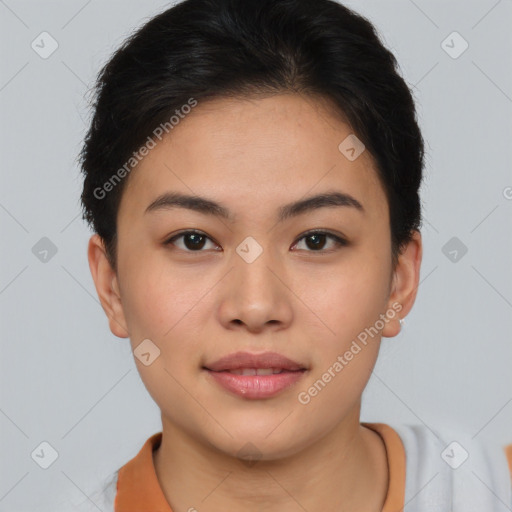 Joyful asian young-adult female with short  brown hair and brown eyes