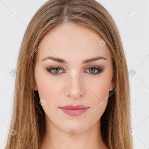 Neutral white young-adult female with long  brown hair and brown eyes