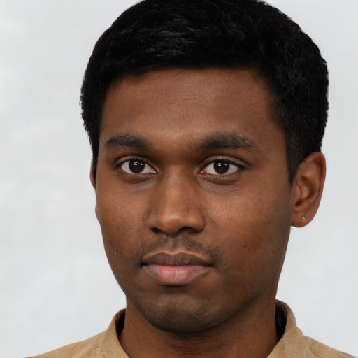 Neutral black young-adult male with short  black hair and brown eyes